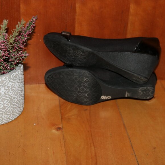 Anne Klein Sport Taelyn Black Stretch Fabric Patent Leather Buckle Wedge Shoes - Picture 8 of 9